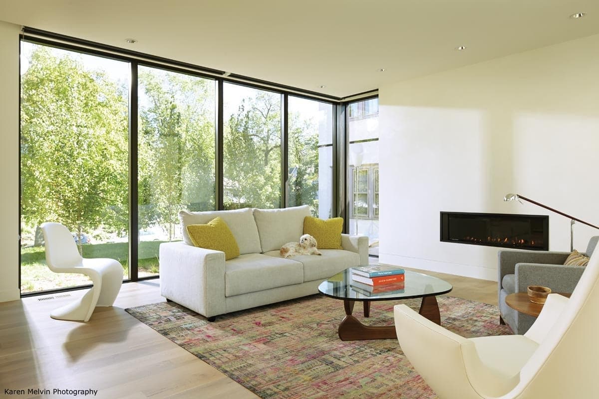 visually with the transparency and views of 90-degree, narrow-framed windows.